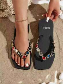 OXLL Luxury Colorful Rhinestone Flip Flops, Bohemian Sparkling Crystal Thong Sandals, Women's Summer Beach Wear, Detachable Chain Design, Original New Style - Black - View 5