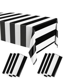 1/4/6 pièces Nappe jetable en plastique rayée noir et blanc 108x54 pouces, convient pour les fêtes à thème, les anniversaires, les mariages, la décoration de pique-nique - Voir 1