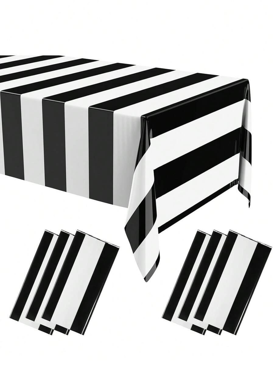 1/4/6 pièces Nappe jetable en plastique rayée noir et blanc 108x54 pouces, convient pour les fêtes à thème, les anniversaires, les mariages, la décoration de pique-nique - Voir 1
