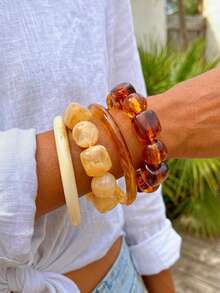 BOHO 4/1pcs Vintage Elegant Bohemian Summer Vacation Style Fashion Daily Geometric Asymmetrical Exaggerated Thick Brown Beige Multicolor Tie Dye Elastic Beaded Stackable Minimalist Plain Resin Bangle Set Y2K Fresh Cute Premium Jewelry Accessories Suitable For Women Summer Beach Party Birthday Daily Wear Gift For Girls - Multicolor - View 1