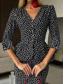 Elegant Women's Polka Dot V-Neck Ruffle Top And Midi Skirt 2 Pieces Set, Non-Stretch Bohemian Style Black - Black - View 2