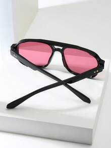 1pc Men's PC Material Classic Square Double Bridge Large Frame Minimalist Personalized Fashion Glasses, Suitable For Party, Casual, Vacation, Travel, Beach, Daily Wear - Black Frame Red Film - View 2