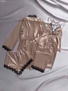 xuehuamaoyi02 EmpressEnvy 4 piezas Conjunto de pijama de mujer con top de camiseta de encaje sexy, shorts con ribete de encaje, pantalones, bata eleg - Marrón - Ver 3
