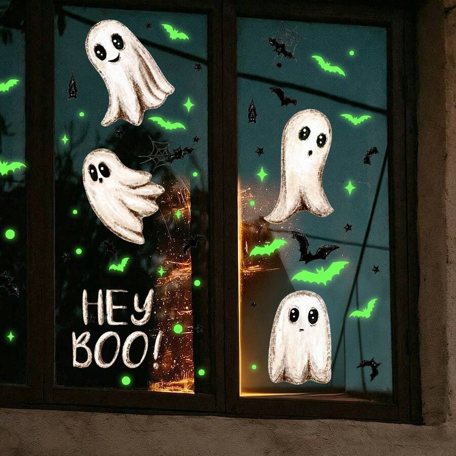 1Set Glow In The Dark Halloween Static Window Stickers, Multi-Style Ghost Pumpkin Skeleton Bat Spider Web HEY BOO Pattern Fluorescent Glass Clings, No Adhesive Reusable Decor For Store Cafe Glass Door Window Halloween Party Home Decor.