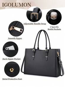 Women's 15.6" Laptop PU Leather Tote Bag With Silk Scarf, Detachable Strap Work Handbag, Multi-Pocket Shoulder Bag For Office, Travel & Daily - Multicolor - View 4