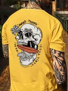 Men's Skull Graphic Print Crew Neck Casual Short Sleeve T-Shirt, For Halloween 100% Cotton - 黃色 - 查看 1
