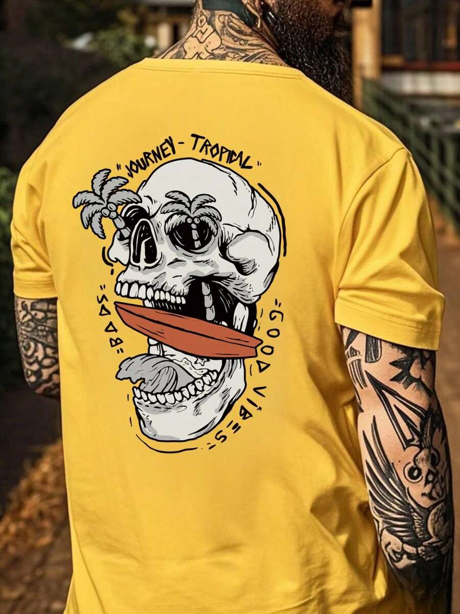 Men's Skull Graphic Print Crew Neck Casual Short Sleeve T-Shirt, For Halloween 100% Cotton - 黃色 - 查看 1