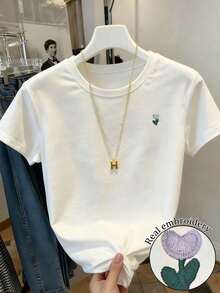 Resyla Women's Short Sleeve Crew Neck T-Shirt With Casual Dachshund Embroidery, Versatile - 白色 3 - 查看 1