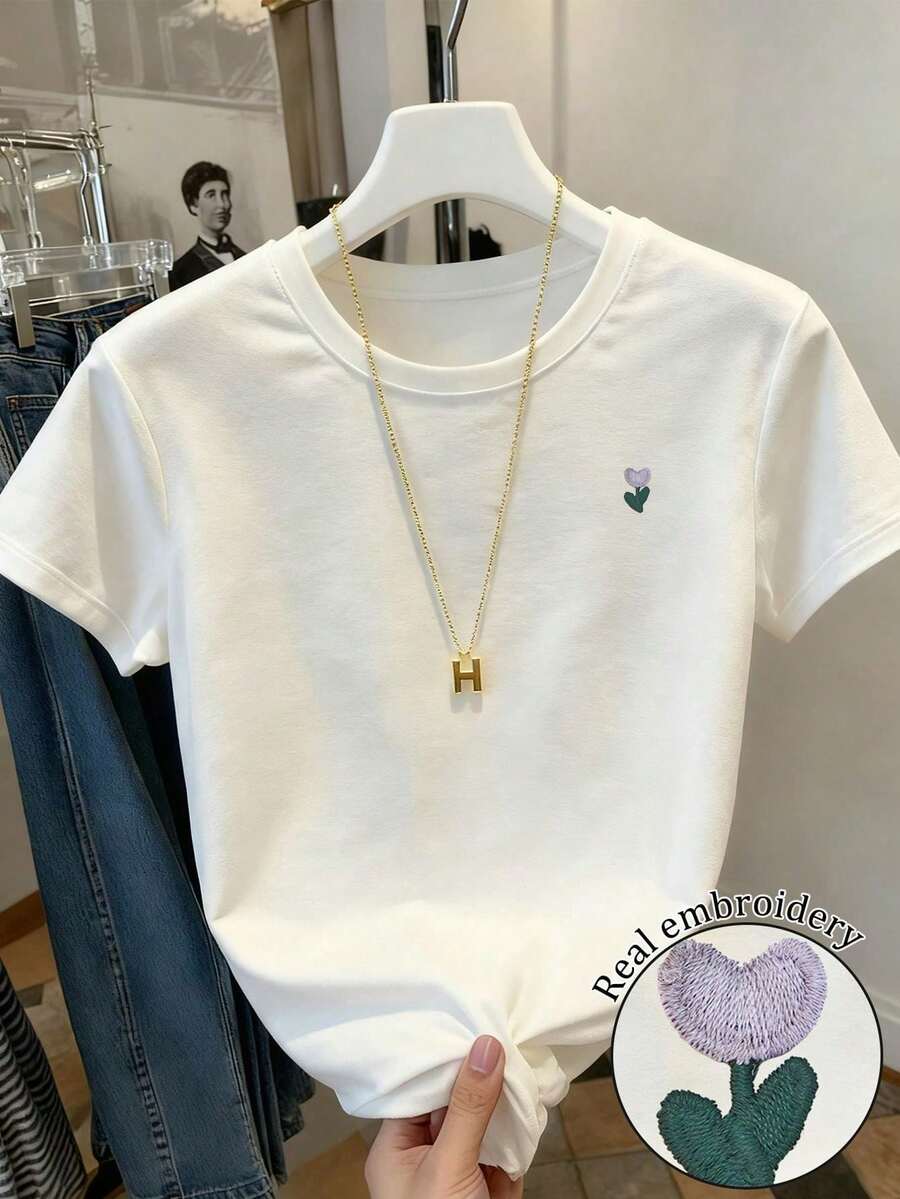 Resyla Women's Short Sleeve Crew Neck T-Shirt With Casual Dachshund Embroidery, Versatile - 白色 3 - 查看 1