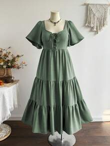 Rusttydustty Green Square Neck Ruffle Sleeve Tie-Front Gentle Style Long Dress For Women, Suitable For Autumn/Winter - Green - View 3