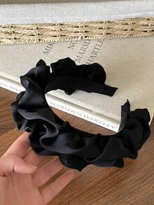 1pc Black Pleated Ruffle Satin French Style Gentle Headband, All-Season Versatile High Crown Face-Slimming Hair Hoop For Daily Face Washing, Commuting, Dating - Multicolor - View 2