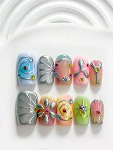 10pcs Y2K Style Handmade Press-On Nails, Polymer Nail Tip Set, Colorful Rhinestone & Line Design, Blue, Pink & Green Nail Polish, Sweet & Cool Style, Includes Manicure Tools, 3 Sizes Available, Square, Short Square, Almond Shape, Suitable For Parties, Dancing, Daily Wear - 彩色 - 查看 14