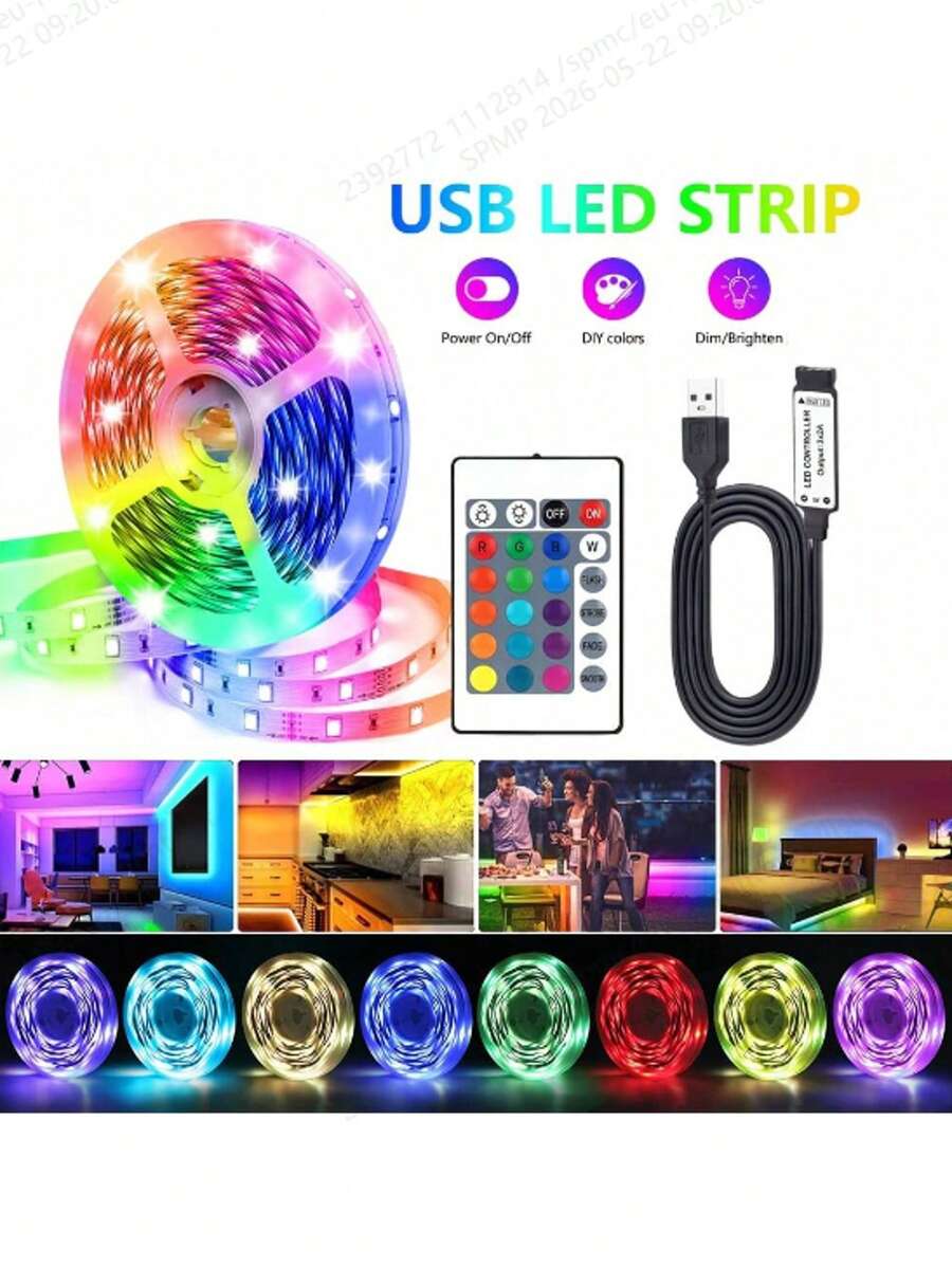 أضواء شريط LED RGB بجهد 5 فولت مع جهاز تحكم عن بعد (تتطلب بطاريتين AAA، غير مشمولة)، شريط إضاءة متعدد الألوان قابل للتغيير، مناسب لإضاءة خلفية التلفزيون وغرفة النوم والألعاب وديكور الحفلات، 3.3 قدم–131 قدم اختياري (ملاحظة: 65 قدم+ يتم شحنها في 2 لفة)