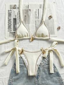 Bikinx 2件組女款時尚性感金屬亮片裝飾按扣比基尼泳衣套裝，舒適度假沙灘白色夏季泳裝 - 白色 - 查看 4