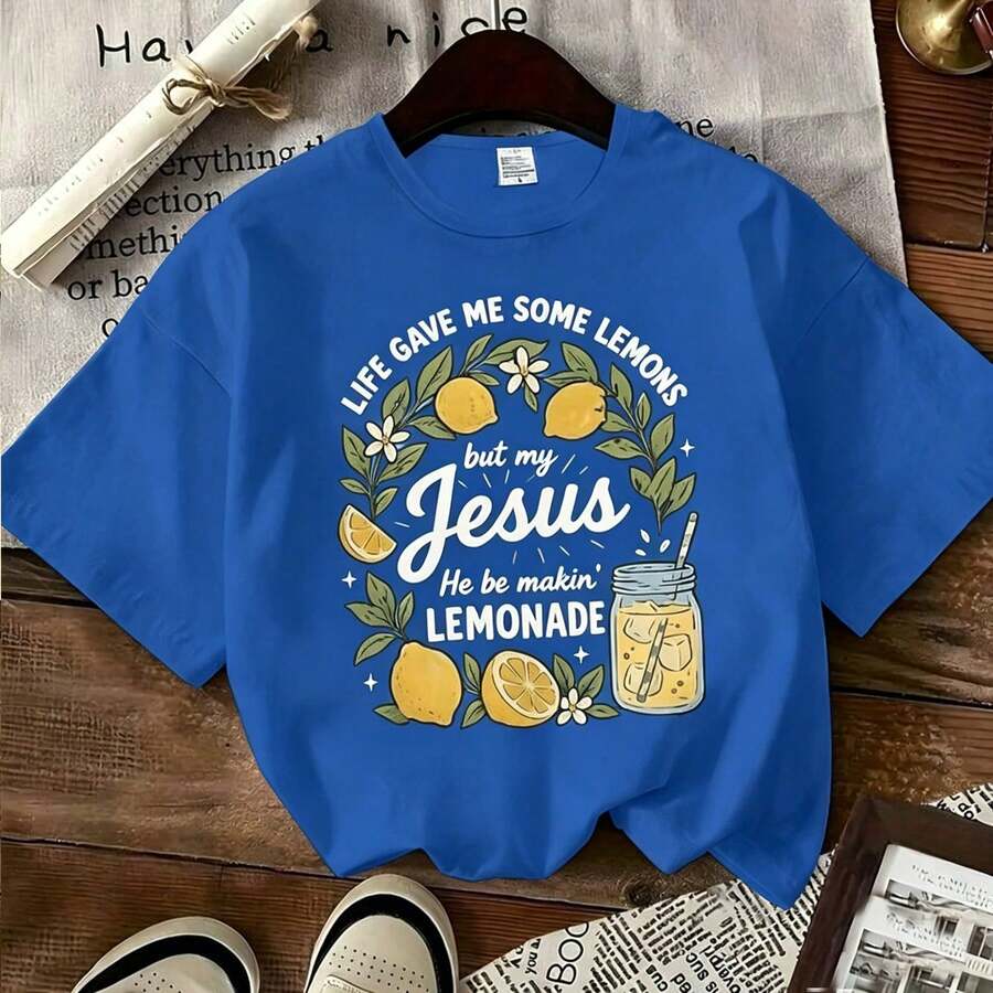 1 Piece Casual Fashion For Men And Women LIFEDIOYo SOME LEMONS BUT MY JESUS HIMSELF MAKING LEMONADE Graphic Black Crew Casual T-Shirt Short Neck Sleeve Tee With Lemon & Mason Jar Illustration Soft Breathable - 藍色 - 查看 1