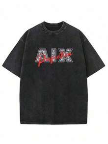 Camiseta Lavada de 230g, Estilo Vintage Desgastado, Estampado Gráfico con Pedrería "AIX Perfection", Cuello Redondo, Top Casual de Moda Urbana 71UC - Verde - Ver 1