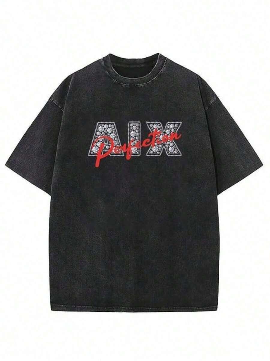 Camiseta Lavada de 230g, Estilo Vintage Desgastado, Estampado Gráfico con Pedrería "AIX Perfection", Cuello Redondo, Top Casual de Moda Urbana 71UC - Verde - Ver 1