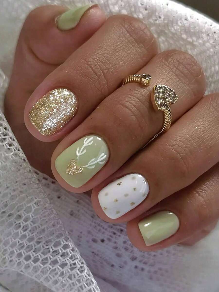 24pcs Short Square Heart Pattern Sequin Polka Dot Design White & Green French Nail Stickers, Perfect Fit For Acrylic Fake Nails Set, Includes 1pc Jelly Glue And 1pc Nail File, Easy To Wear French Nail Stickers For Women And Girls - Multicolor - View 1