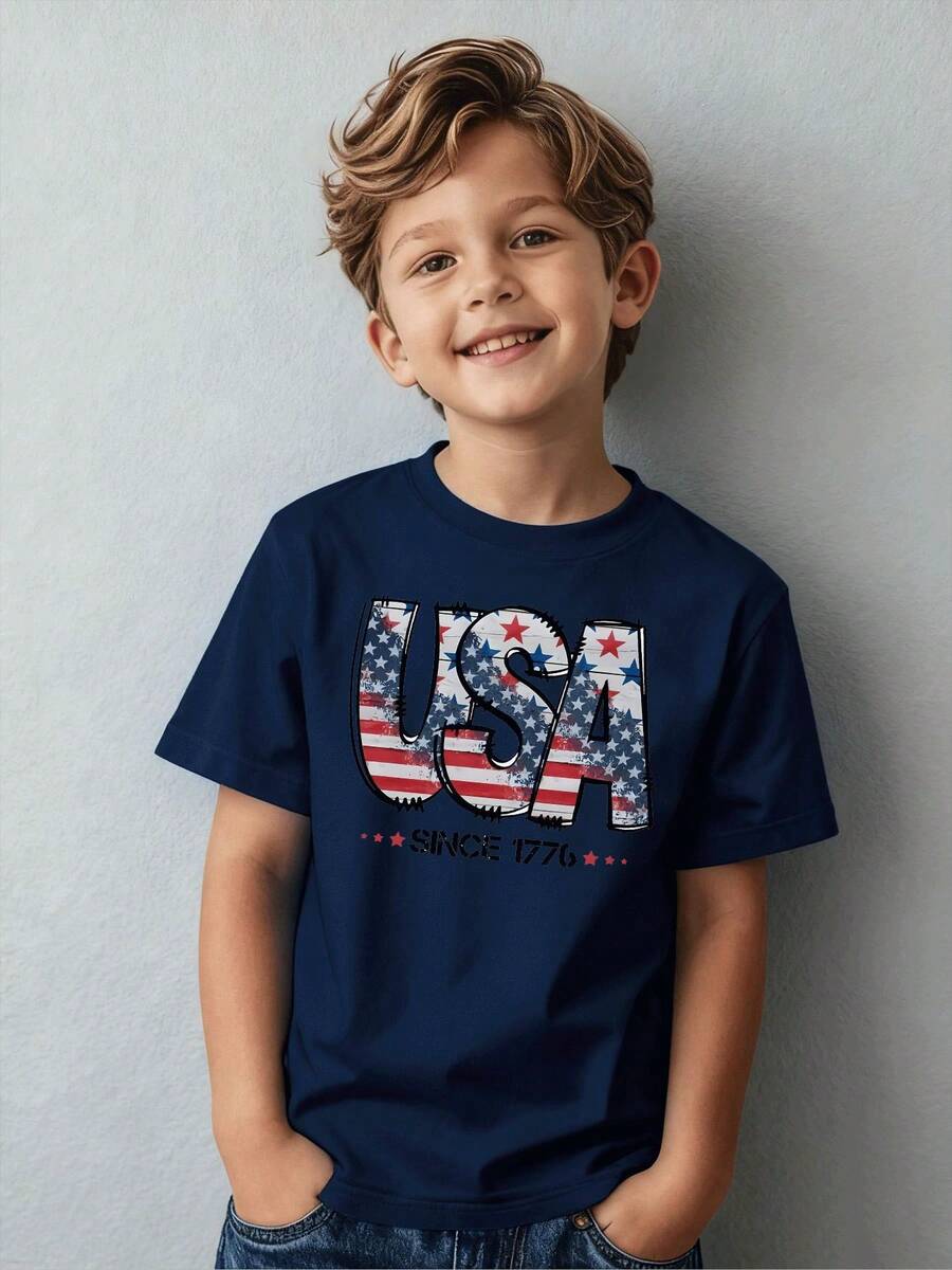 Casual And Stylish T-Shirt For Boys With The American Flag With Stars And Stripes, Suitable For Children Ages 5-13, Perfect For Parties, Holidays Or Sports Activities - 酒紅色 - 查看 1