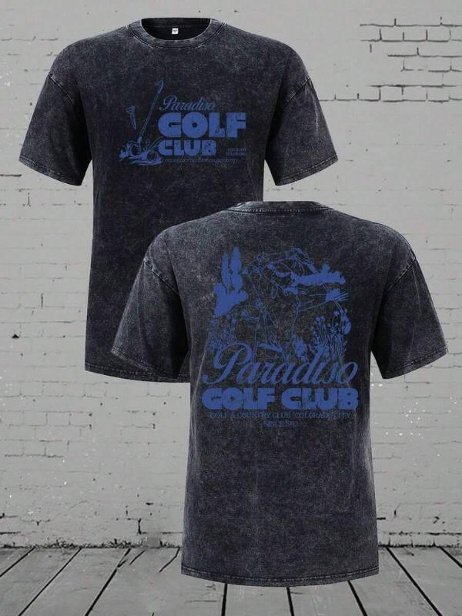 Camiseta Vintage Lavada del Club de Golf Paradiso - Algodón de 230g, Cuello Redondo Holgado, Diseño Retro de Golf JW05 - Negro - Ver 1