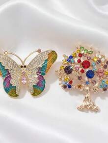 2pcs Vintage Colorful Random Rhinestone Brooches, Butterfly And Tree Of Life Rhinestone Random Pins, Luxurious Texture Brooches, Suitable For Suits, Coats And Sweaters, Vintage Style, Creative Gift For Best Friends (Tree Of Life Rhinestone Random) - Multicolor - View 2