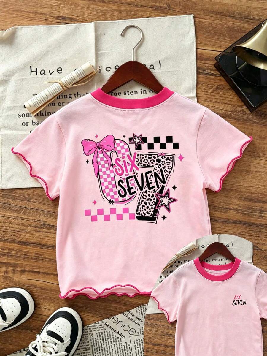 Little Girl Summer T-Shirt, Toddler Pink Print Top With Ruffle, 6-7 Year Old Birthday Set, Suitable For 4-7T Little Girls - Pink - View 1