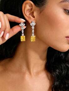 1 Pair Women's Yellow Square Drop Earrings, Luxurious And Elegant, Suitable For Weddings, Galas And Other Special Occasions (No Box Included) - Yellow - View 2