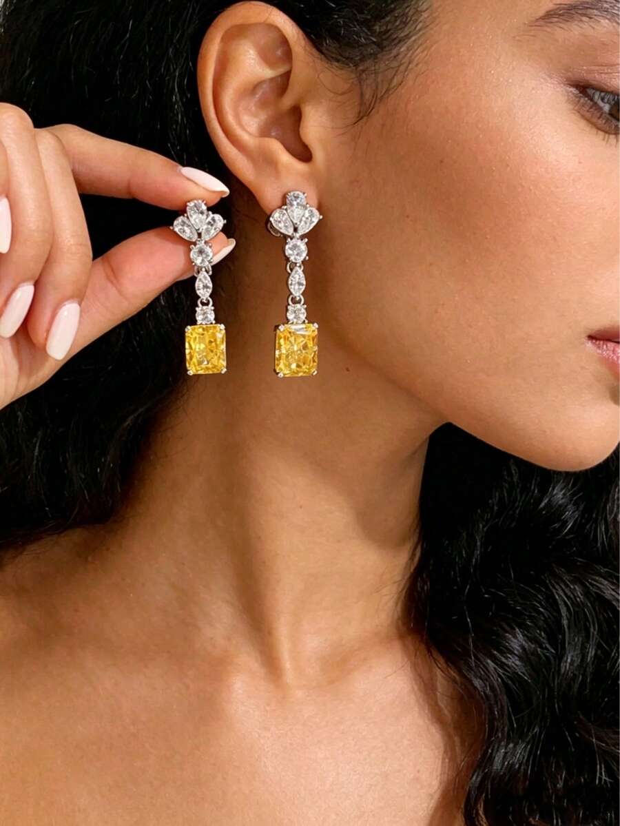 1 Pair Women's Yellow Square Drop Earrings, Luxurious And Elegant, Suitable For Weddings, Galas And Other Special Occasions (No Box Included)