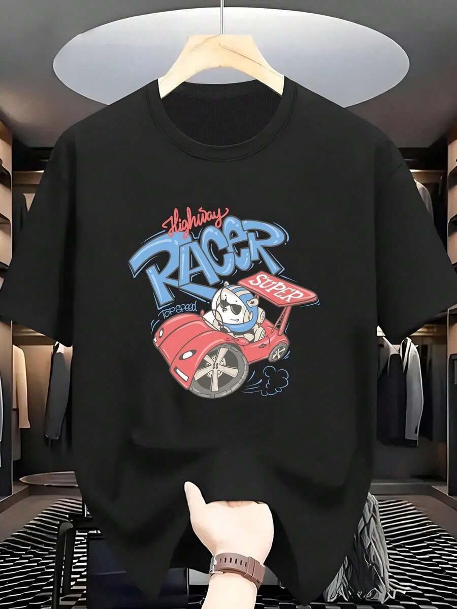 Women's Graphic Print T-Shirt. Men's T-Shirt, 100% Cotton. Men's T-Shirts, Size 100% Cotton, With A Cartoon Animal Print Driving A Race Car. - 黑色 - 查看 1