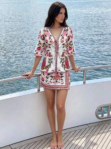 Elegant Women's Summer Bohemian Style Printed 2-Piece Set, Including V-Neck Tie-Waist Top And Wrap Mini Skirt, Suitable For Vacation, Beach Outing And Daily Wear - Multicolor - View 5