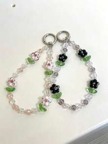 Summer Stylish Lovely Chic Flowers Beaded Hanging Rope Pendant Mobile Phone Anti-Loss Lanyard CCD Strap Simple Creative Short Chain - Black Flowers - View 3
