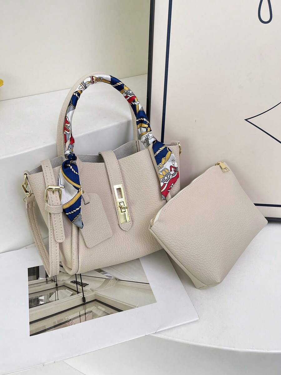 2pcs Spring New Fashion PU 2-Piece Set Medium Size Women's Handbag, Minimalist Commuter Shoulder Crossbody Bag With Scarf Decoration, Suitable For Women And Girls, Work Essential