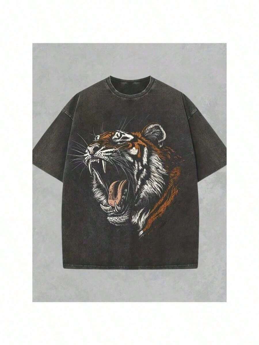 Ropa de hombre; Camisetas de verano. Camiseta para hombre Voguevessel 180G con estampado retro de rugido de tigre y día de carrera. Alta calidad, casual para todas las estaciones, cuello red - Blanco - Ver 1