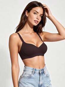 1pc Women's Comfortable Wireless Soft Cup Seamless Solid Color Bra - Coffee Brown - View 2