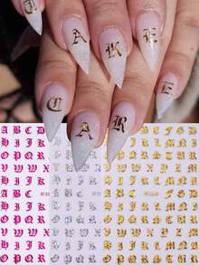 3件組 3D金屬哥德風字母美甲貼紙 亮金、銀色、亮粉色 古英文 A-Z 字母貼紙 自黏式 龐克 Y2K 時尚美甲配件 適用於壓克力指甲 DIY 設計 - 彩色 - 查看 2