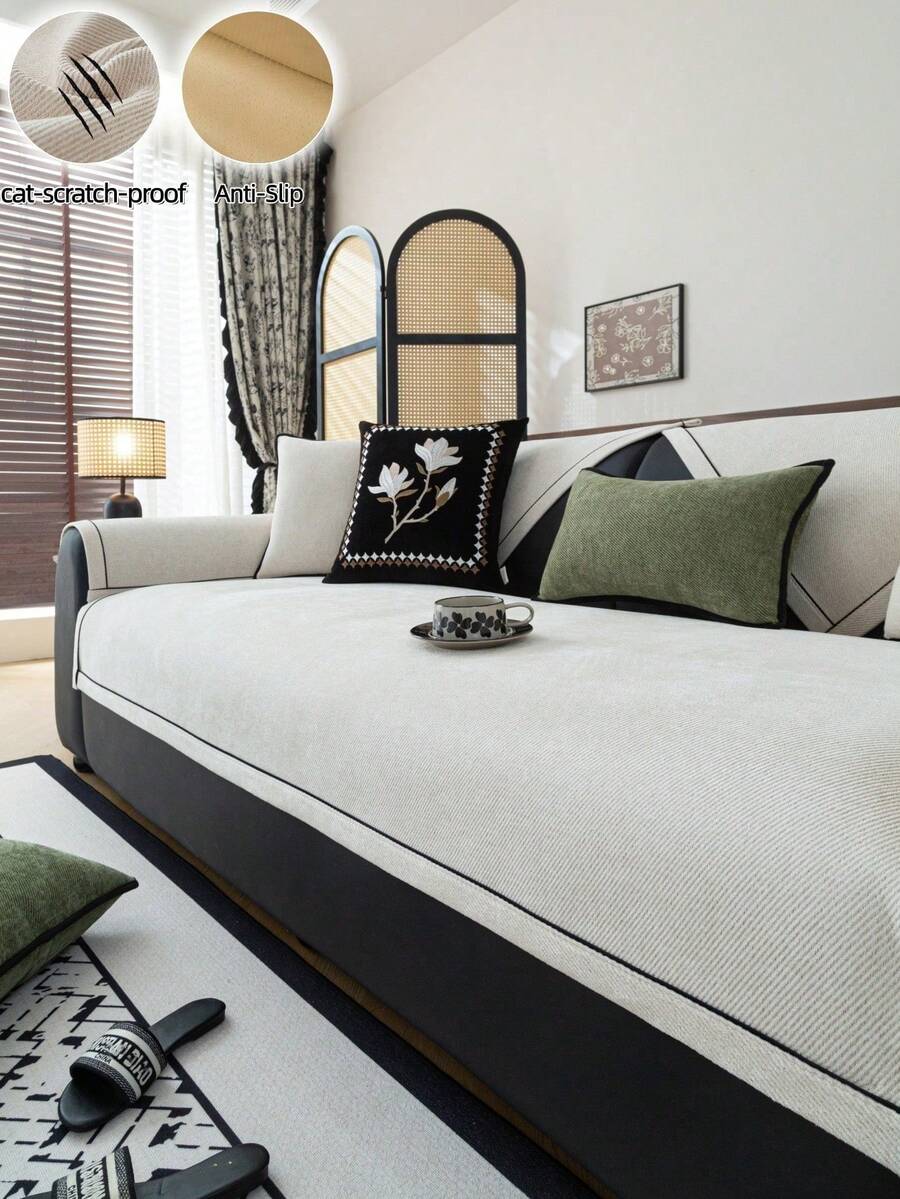 1pc Solid Color Chenille Sofa Cover, Light Luxury Style, Non-Slip & Wear-Resistant, Machine Washable, Sofa Protector, All-Season Sofa Cover, Stain-Resistant, Sofa Renovation, Sofa Decoration, Enhance Atmosphere, Full Protection For Sofa, Suitable For Living Room, Bedroom, Study, Office, Pet-Friendly & Anti-Scratch, Fits 1-4 Seater L-Shaped Sofa, Couch Cover
