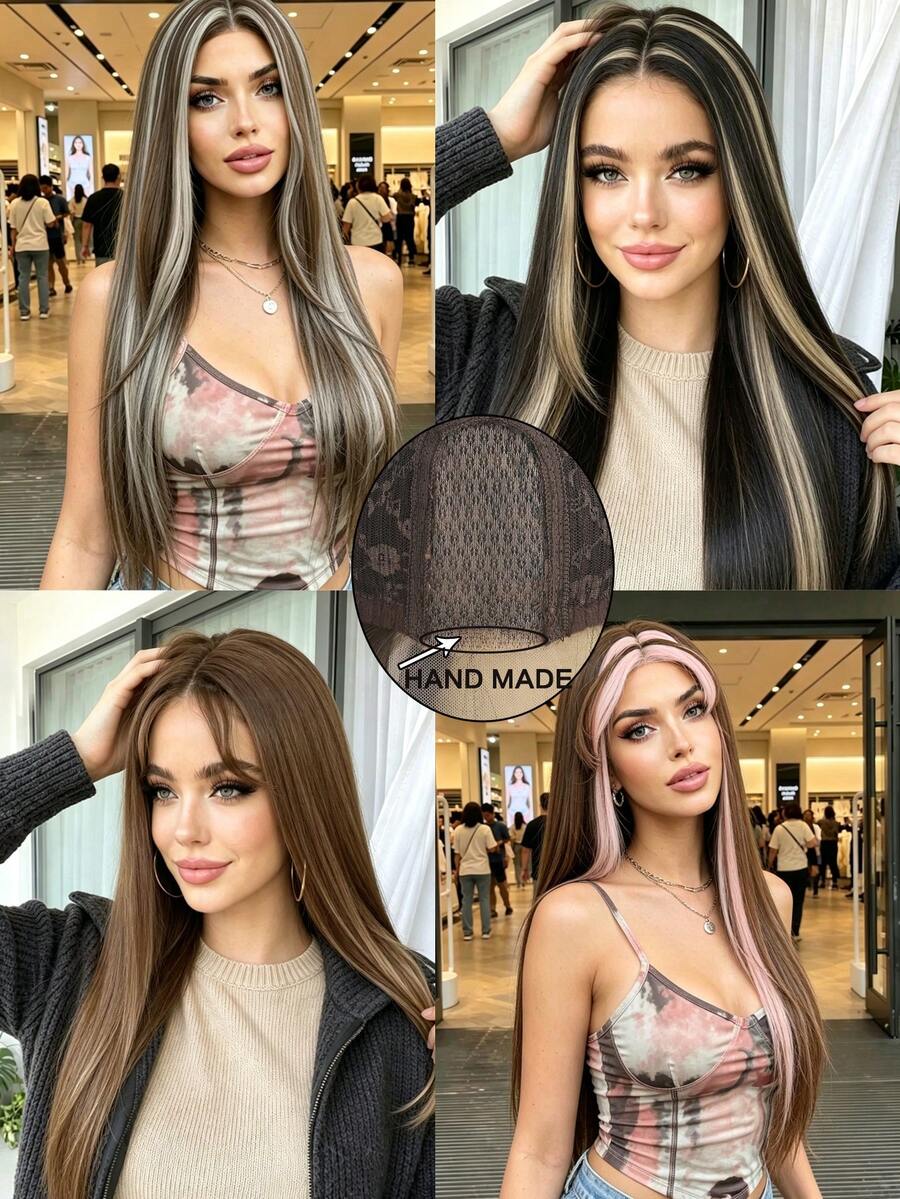 26 Inch Brown Highlighted Synthetic Straight Wig, No Bangs. Natural Machine-Made Straight Wig. Suitable For Women's Everyday Wear, Parties, And Holidays. (Hair Color: Multiple Colors Available), Halloween