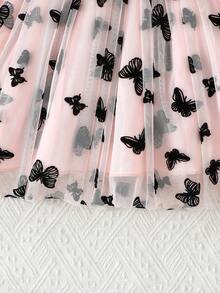Vestido elegante de niña sin mangas con patrón de mariposa, malla y dobladillo con volantes acanalados, vestido de fiesta de princesa de moda para niñas jóvenes - Rosa - Ver 6
