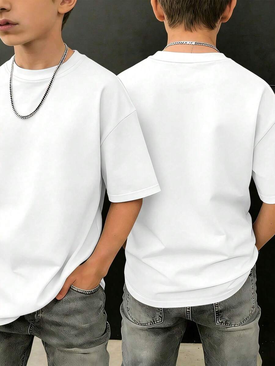 Cool, Solid-Color, Short-Sleeved T-Shirt With A Round Neck For Pre-Teen Boys, Perfect For Summer - 白色 - 查看 1