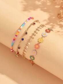 4pcs/Set Summer Sweet Multi-Layer Colorful Anklet Set, Fashion Colorful Daisy Tassel Decor Women's Foot Jewelry, Suitable For Daily Wear And Vacation Party, Colorful Rice Bead Daisy And Rhinestone Tassel Color Arrangement And Bead Count Are Random - Multicolor - View 3