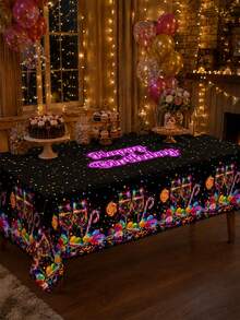 A Neon Candy Printed Polyester Tablecloth, Black Multicolored Happy Birthday Tablecloth, Suitable For Birthday Parties, Cake And Dessert Parties, Family Gatherings, Multi-Functional Decorative Tablecloths, And Indoor Holiday Decorations. - A - View 6
