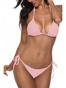 Women Two Piece Swimsuit Sexy Swimwear Halter String Triangle Bikini Sets - 淺粉色 - 查看 4