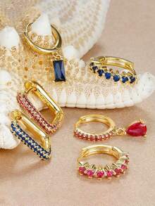 3pcs/Set Single-Side Multicolor Cubic Zirconia Teardrop Pendant Earrings, Women's Luxury Round U-Shaped Earrings, Piercing Jewelry - Flower - View 10