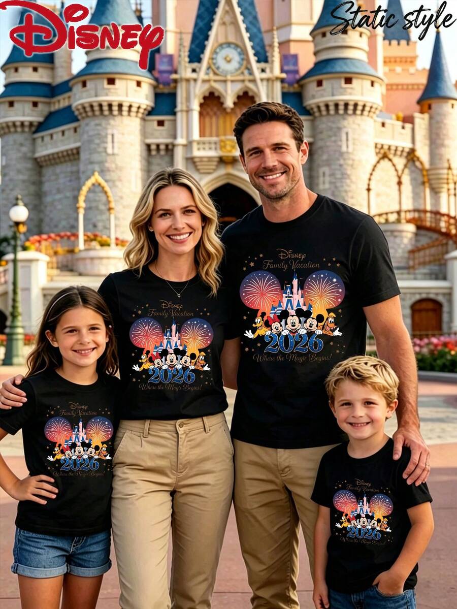 Disney Family Matching T-Shirt, Mickey Mouse T-Shirt, Comfortable And Breathable, Suitable For Going Out And Playing, Unisex, A Gift For Family - 男人黑色 - 查看 1