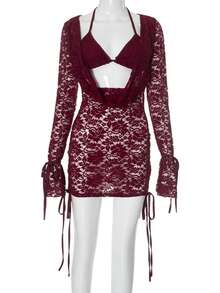 Nuevo conjunto de top de manga larga de encaje con cintas y falda corta de estilo casual monocromático - Burdeos - Ver 3