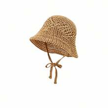Women Crochet Bucket Hat Solid Color Cutout Breathable Knitted Beach Hat Sun Hat Spring Summer Bucket Caps - 卡其色 - 查看 1