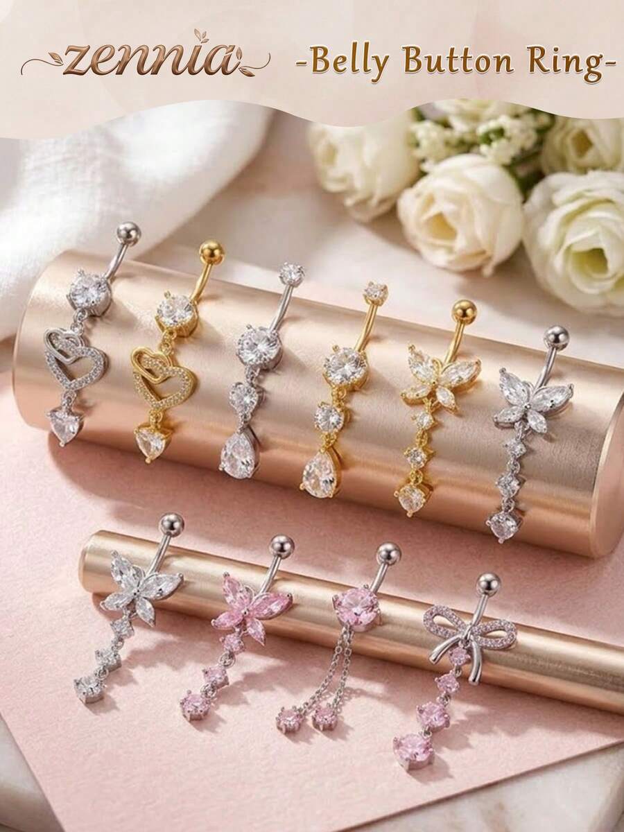 Inel de buric 14G 10mm cu formă de inimă și fundiță, din oțel inoxidabil chirurgical 316L, rezistent la uzură, finisaj înalt de lustru, cadou de absolvire, piercing dulce Y2K pentru buric - Multicolor - Vizualizare 1