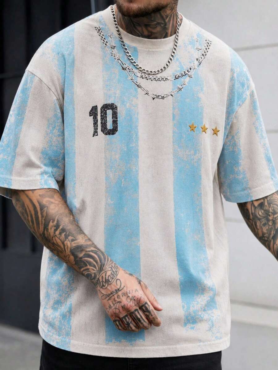 Fractyr 男款復古阿根廷 10 號三星直條紋 T 恤,天藍色與白色水洗圓領短袖足球 T 恤 - 白色 - 查看 1