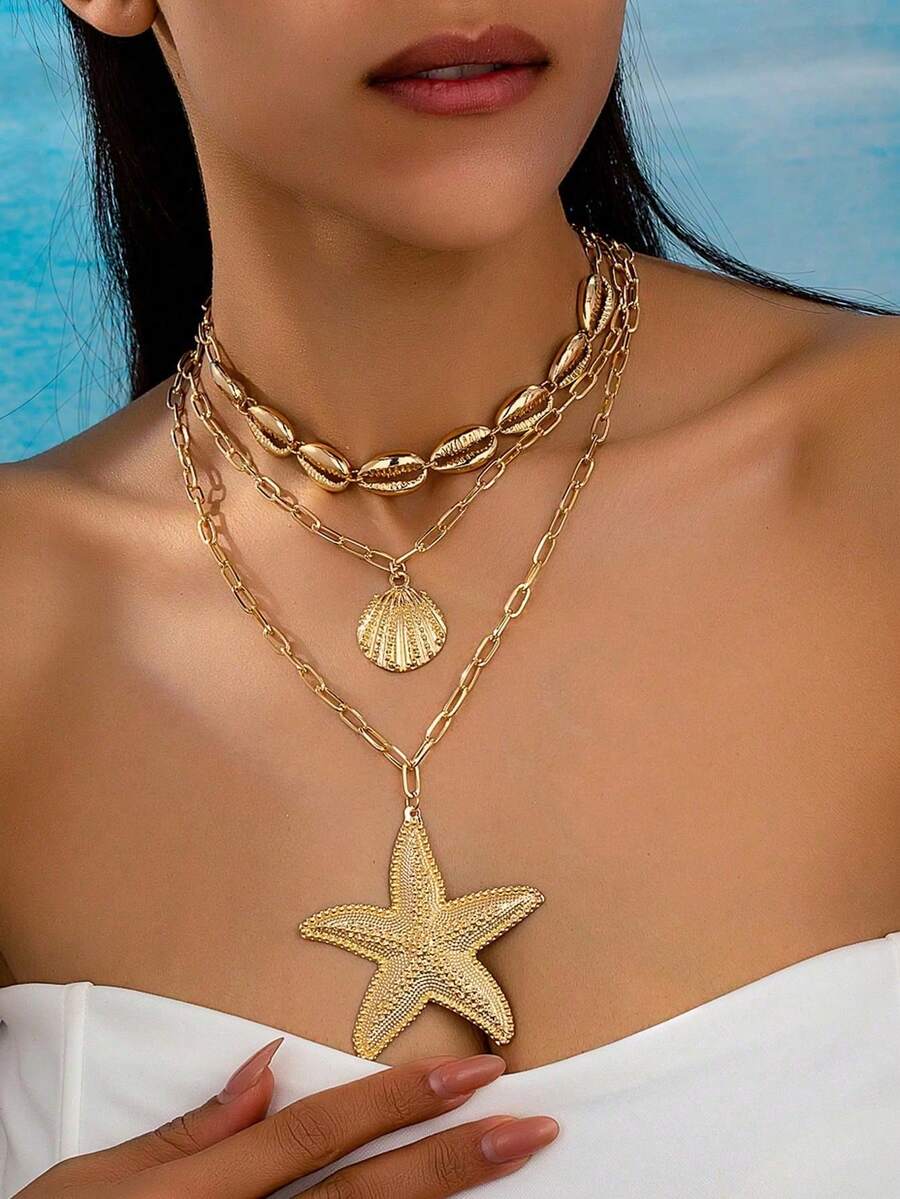 1件海星貝殼吊墜項鍊，歐美海洋度假風女款項鍊 - 金黃色 - 查看 1