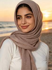 1pc Women's Solid Color Pleated Muslim Basic Classic Plain Headscarf Turban - Rusty Rose - View 5